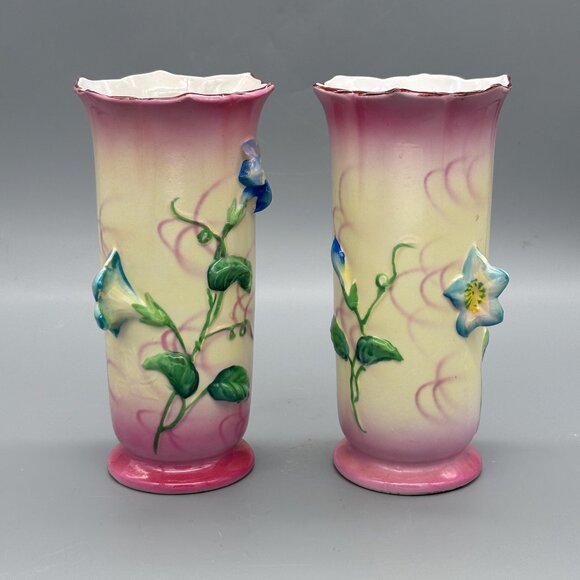 Antique 1920's Trico Nayoga Japan Hand Painted Orange Vase w Flowers 7” Set of 2 - Picture 1 of 8